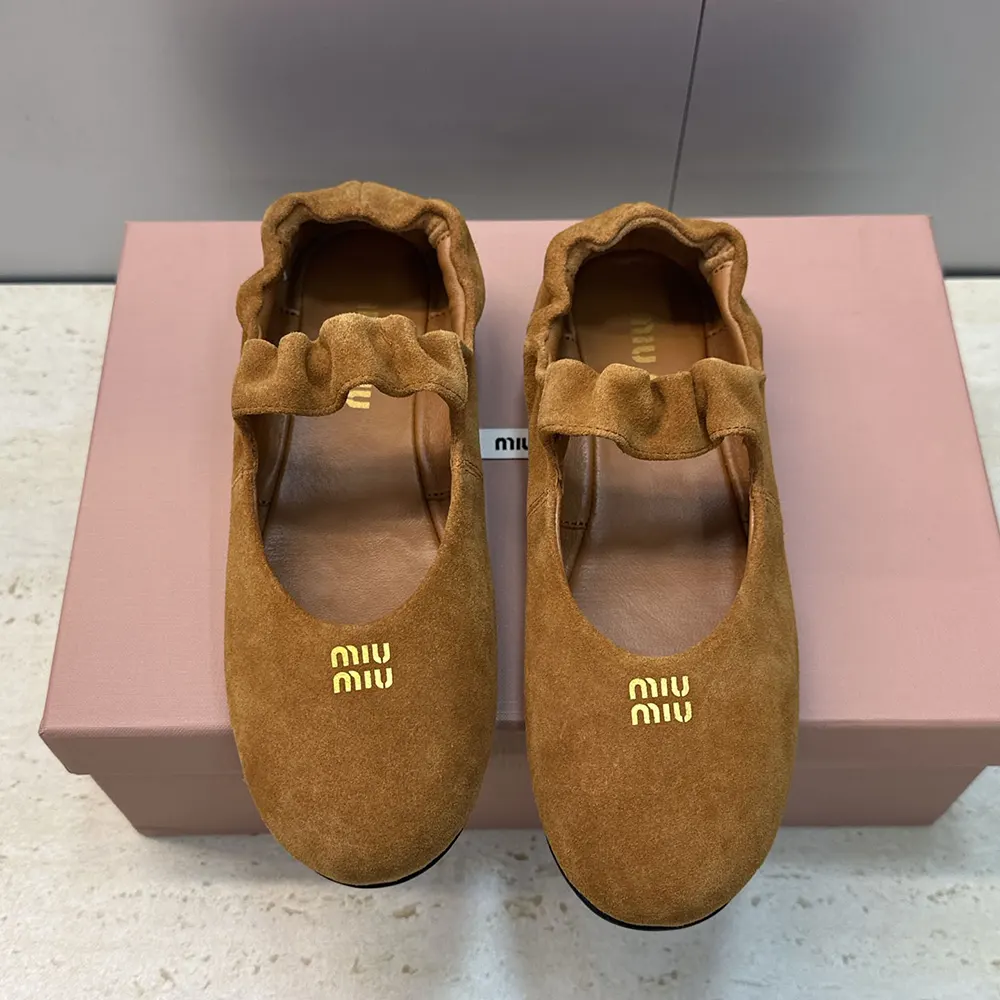 Close-up of ruching detail on Miu Miu Women Ruches Suede Ballerinas