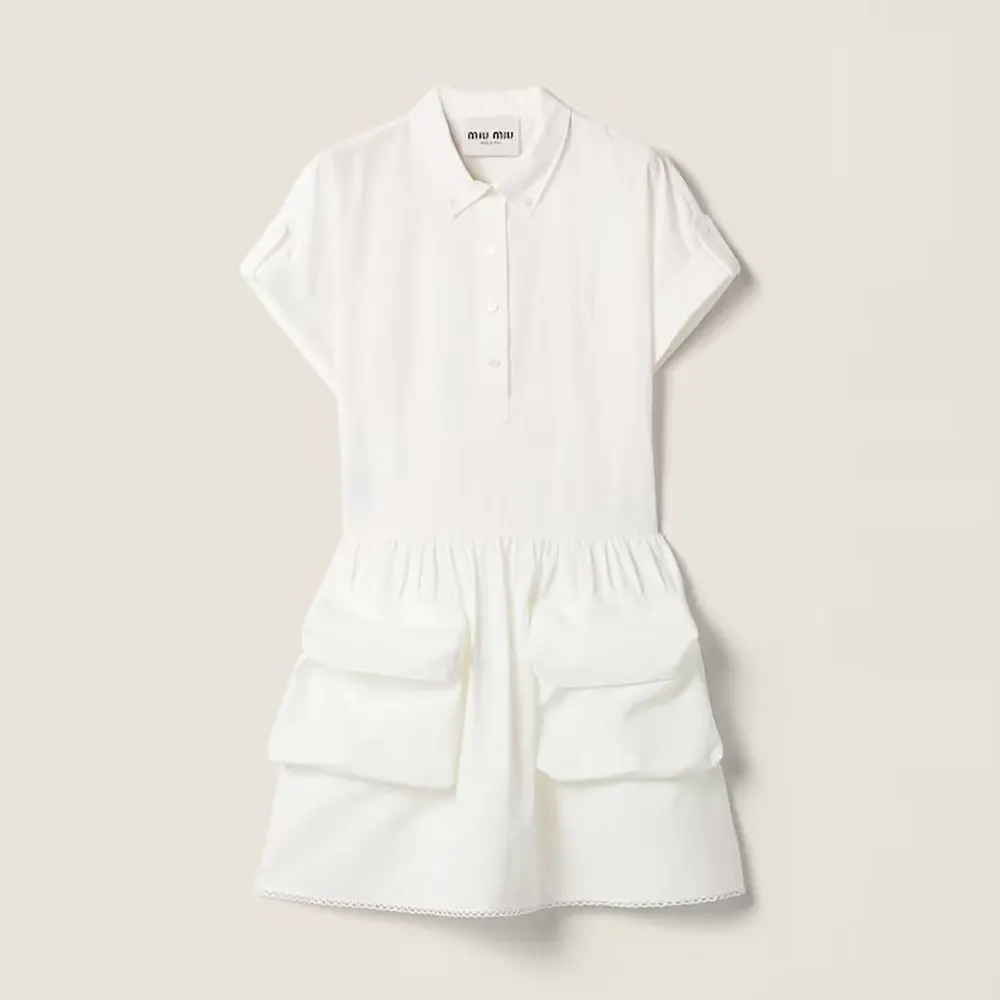 Front view of Miu Miu Women Slubbed Poplin Dress in white