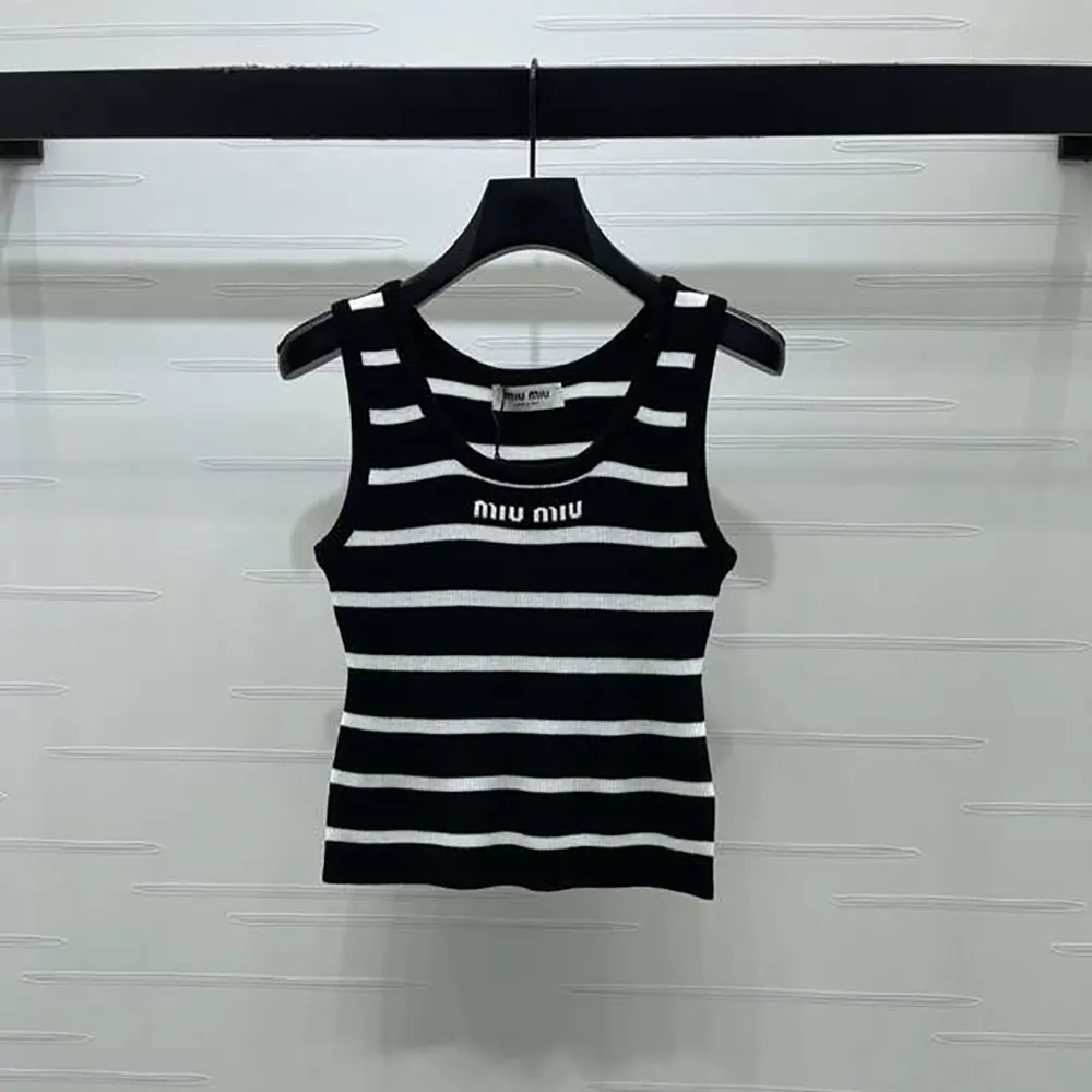 Front view of Miu Miu Women Striped Knitted Sports Vest-Black showcasing striped detail