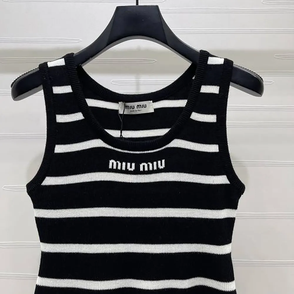 Side angle of sleeveless Miu Miu Women Striped Knitted Sports Vest-Black
