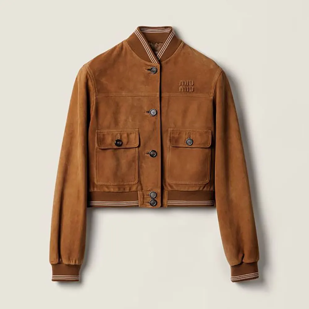 Front view of Miu Miu Women Suede Blouson Jacket-Brown showing zipper