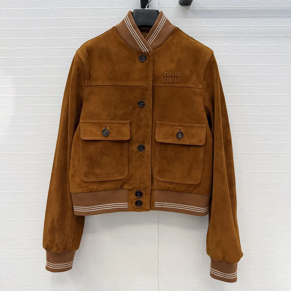 Close-up detail of brown suede texture on Miu Miu Women Suede Blouson Jacket