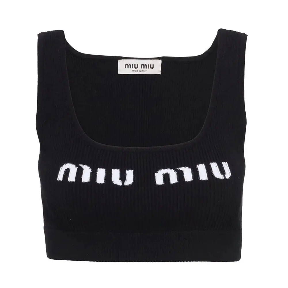 Front view of Miu Miu Women Viscose Top with Intarsia Logo Completes-Black
