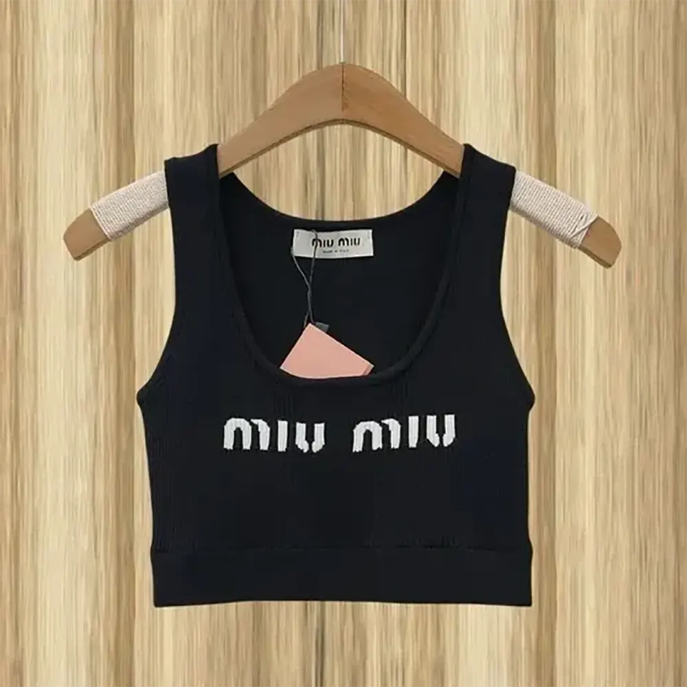 Close-up detail of intarsia logo on Miu Miu Women Viscose Top