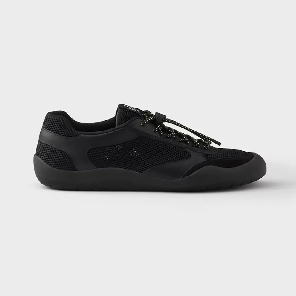 Side view of Prada Unisex Speedrock Leather And Mesh Fabric Sneakers-Black