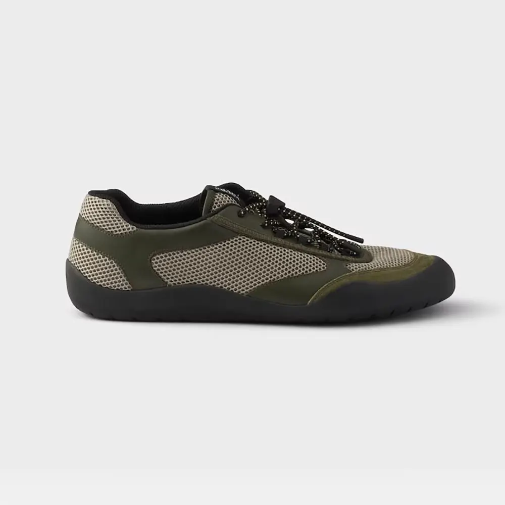 Side view of Prada Unisex Speedrock Leather And Mesh Sneakers-Dark Green