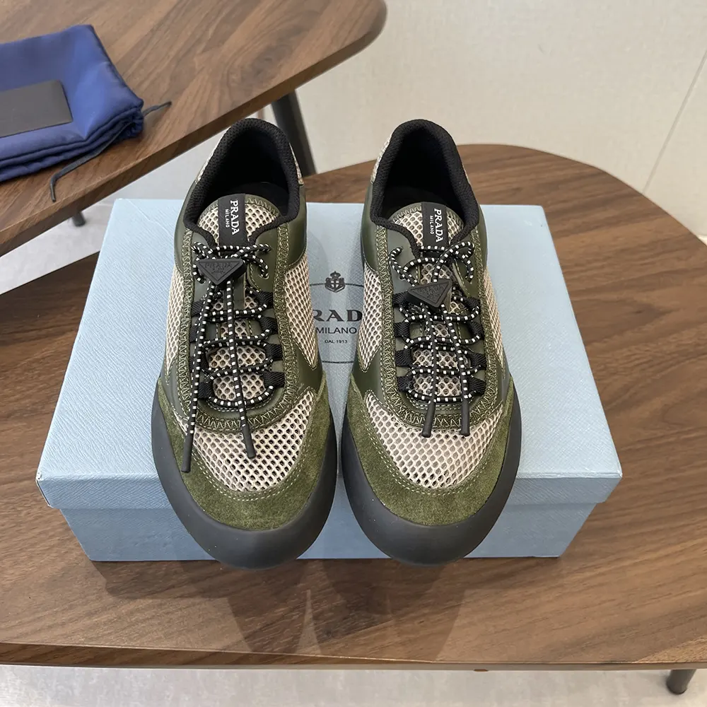 Close-up on leather and mesh fabric detail on Prada Speedrock sneakers