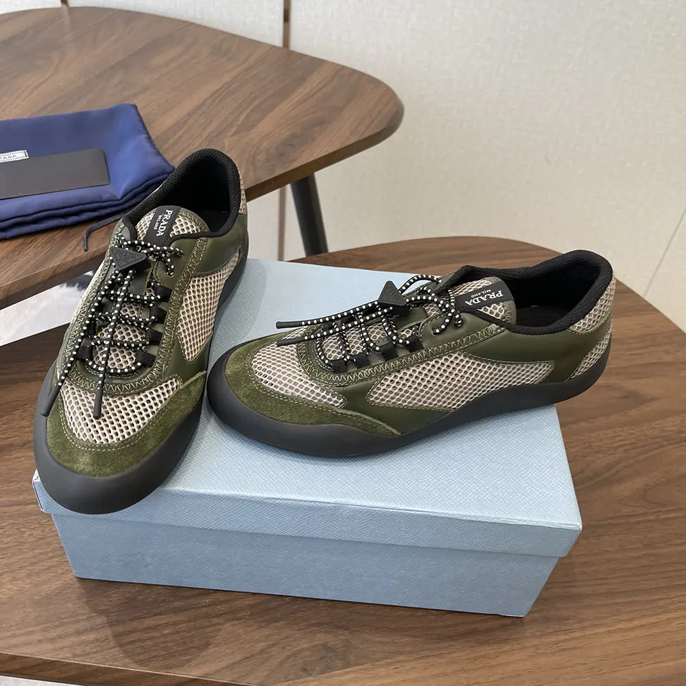 Prada Unisex Speedrock Leather And Mesh Fabric Sneakers-Dark Green - image 4