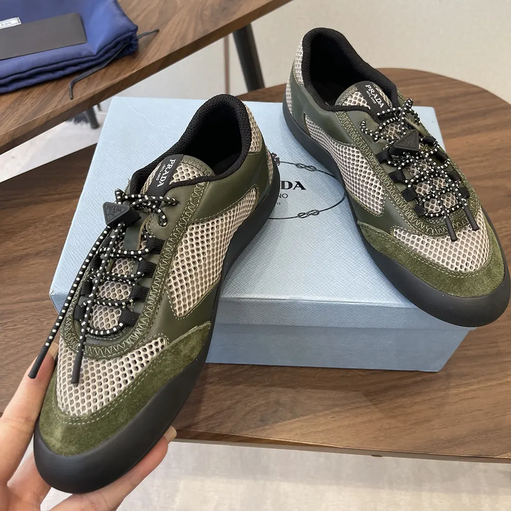 Prada Unisex Speedrock Leather And Mesh Fabric Sneakers-Dark Green - image 5