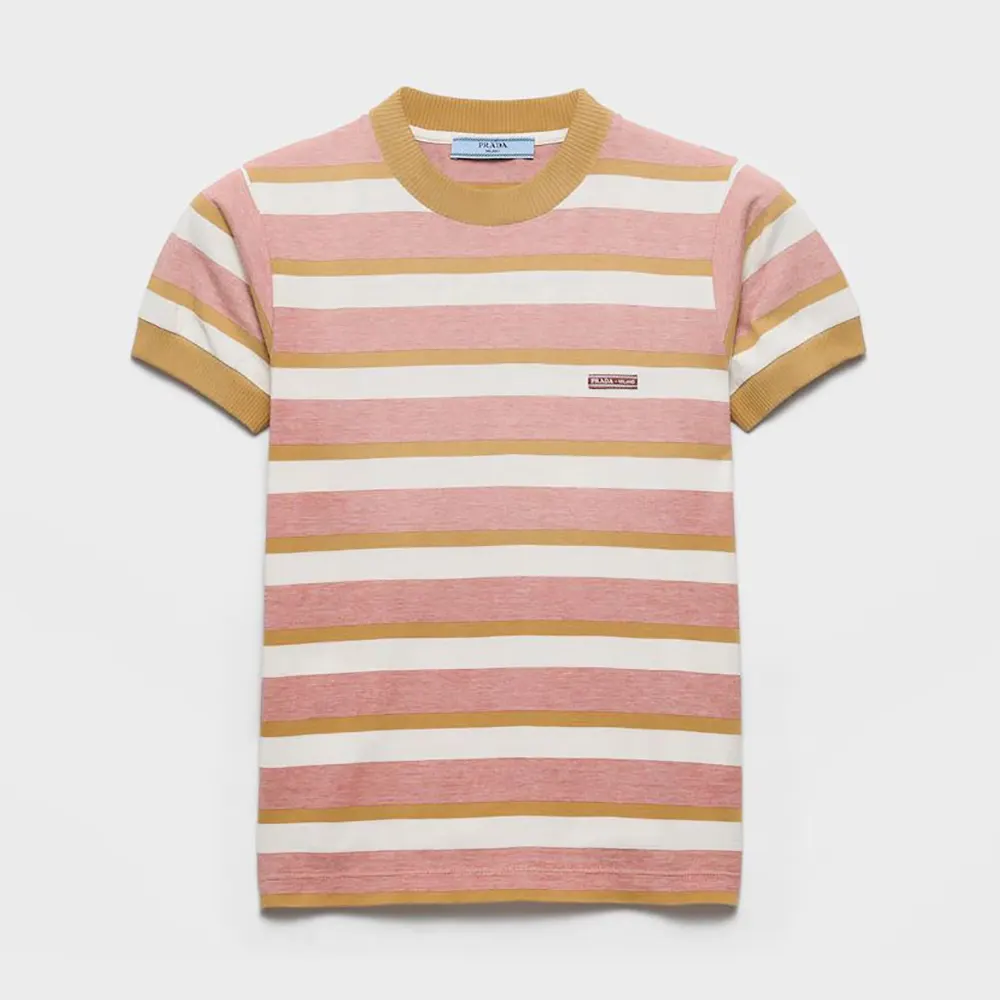 Front view of Prada Women Bayadere Stripe Jersey T-Shirt in pink