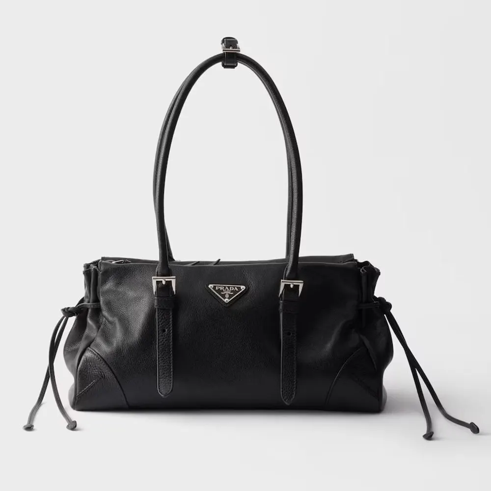 Front view of Prada Women Bonnie Medium Antiqued Leather Tote Bag-Black