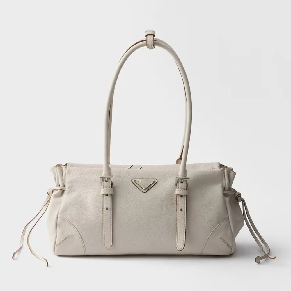 Front view of Prada Women Bonnie Medium Antiqued Leather Tote Bag-White