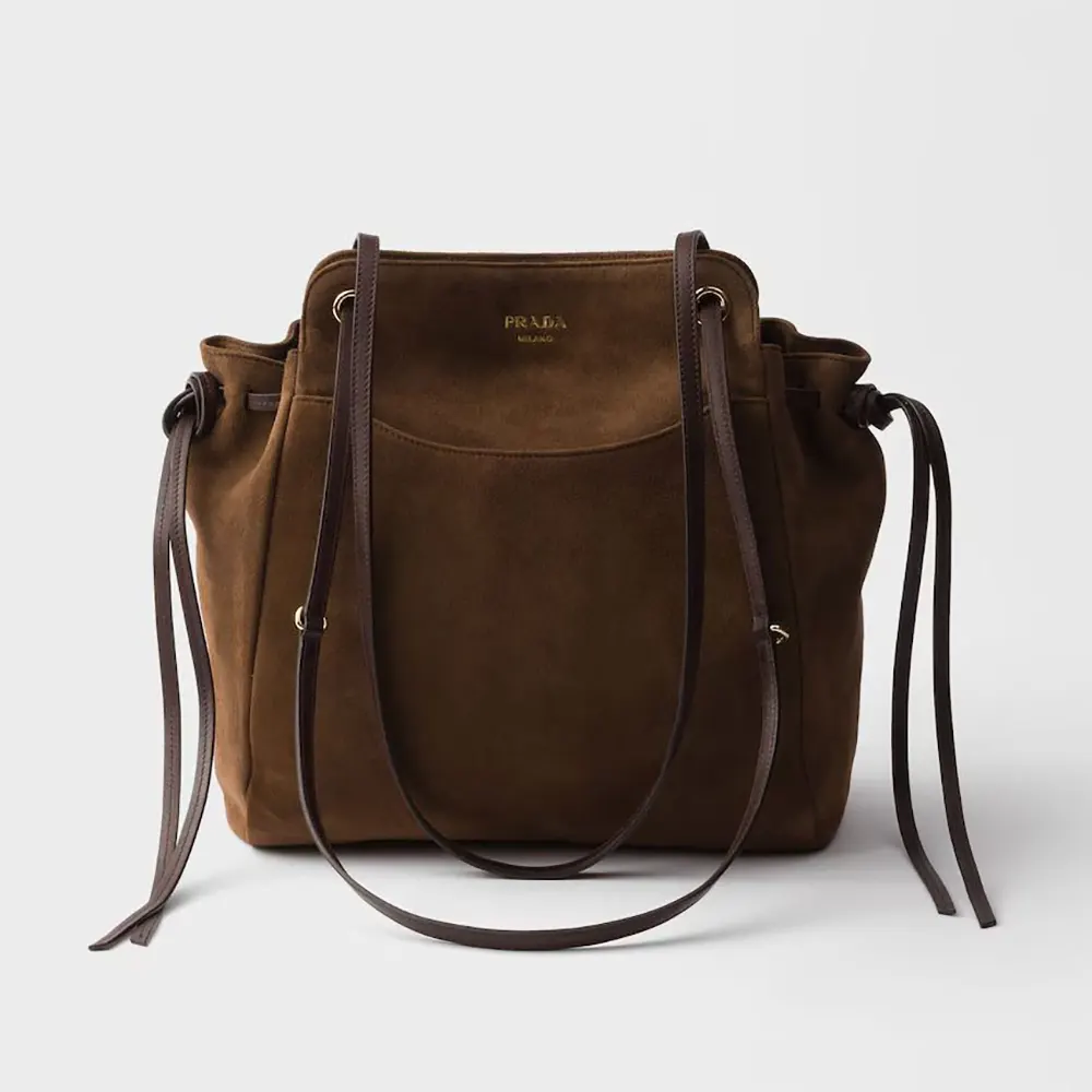 Front view of Prada Women Carry Medium Suede Tote Bag in dark brown