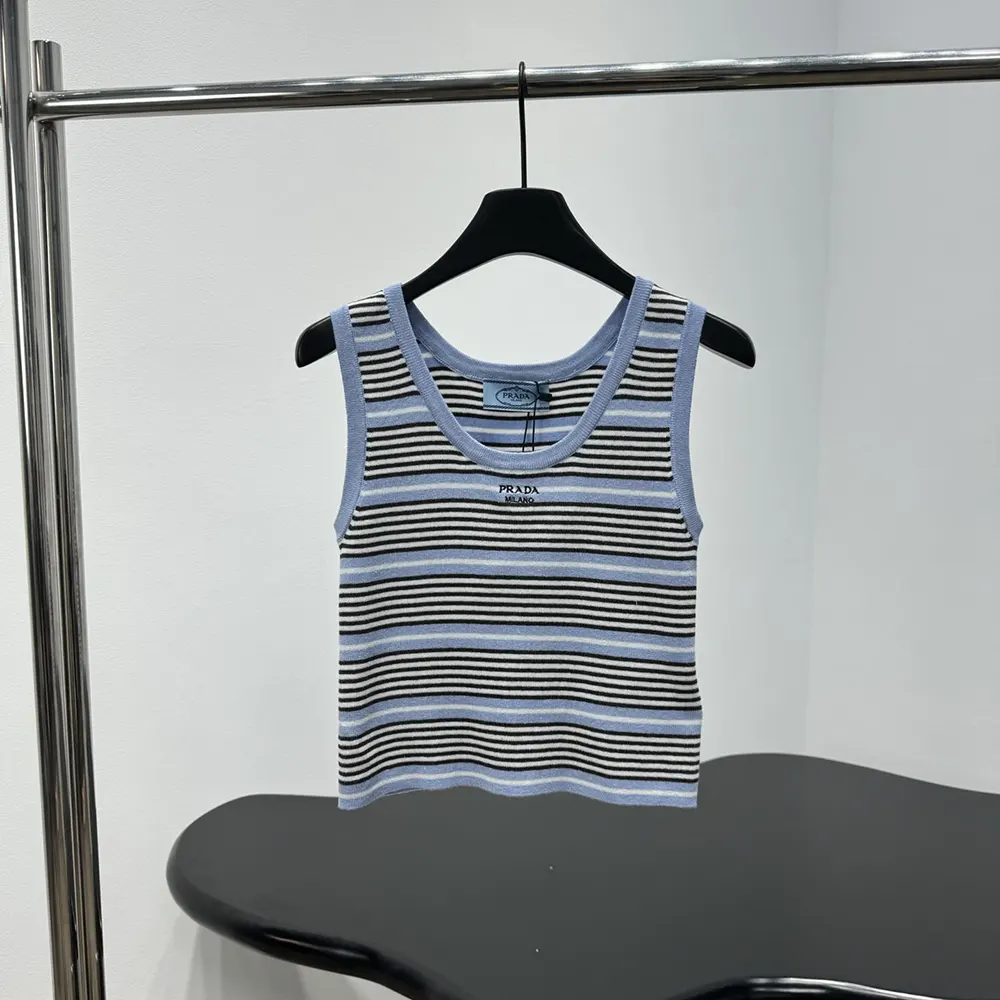 Close-up of ribbed trim and embossed logo on Prada tank top