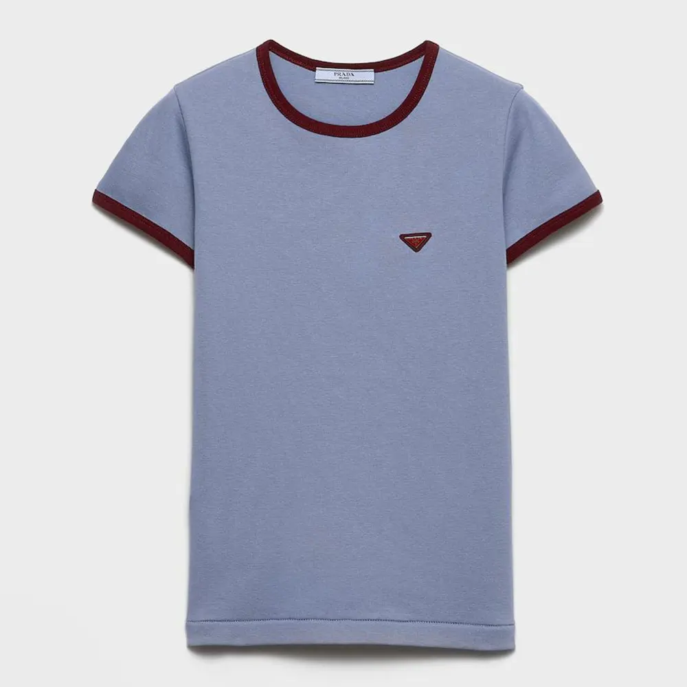 Front view of Prada Women Cotton T-Shirt-Light Blue on mannequin