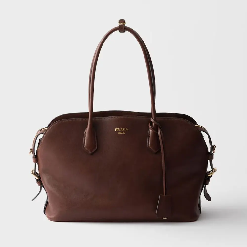 Front view of Prada Women Large Leather Tote Bag-Dark Brown