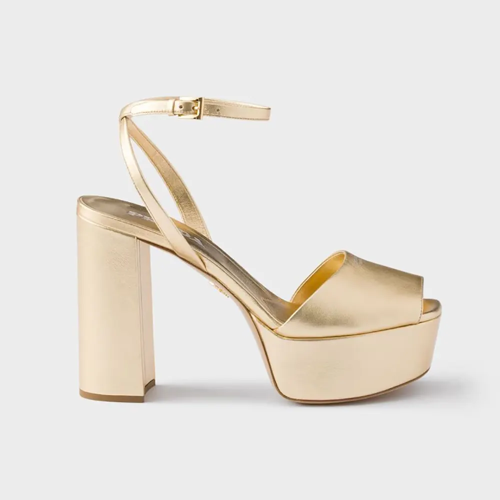 Side view of Prada Women Mordoré Nappa Leather Platform Sandals-Gold