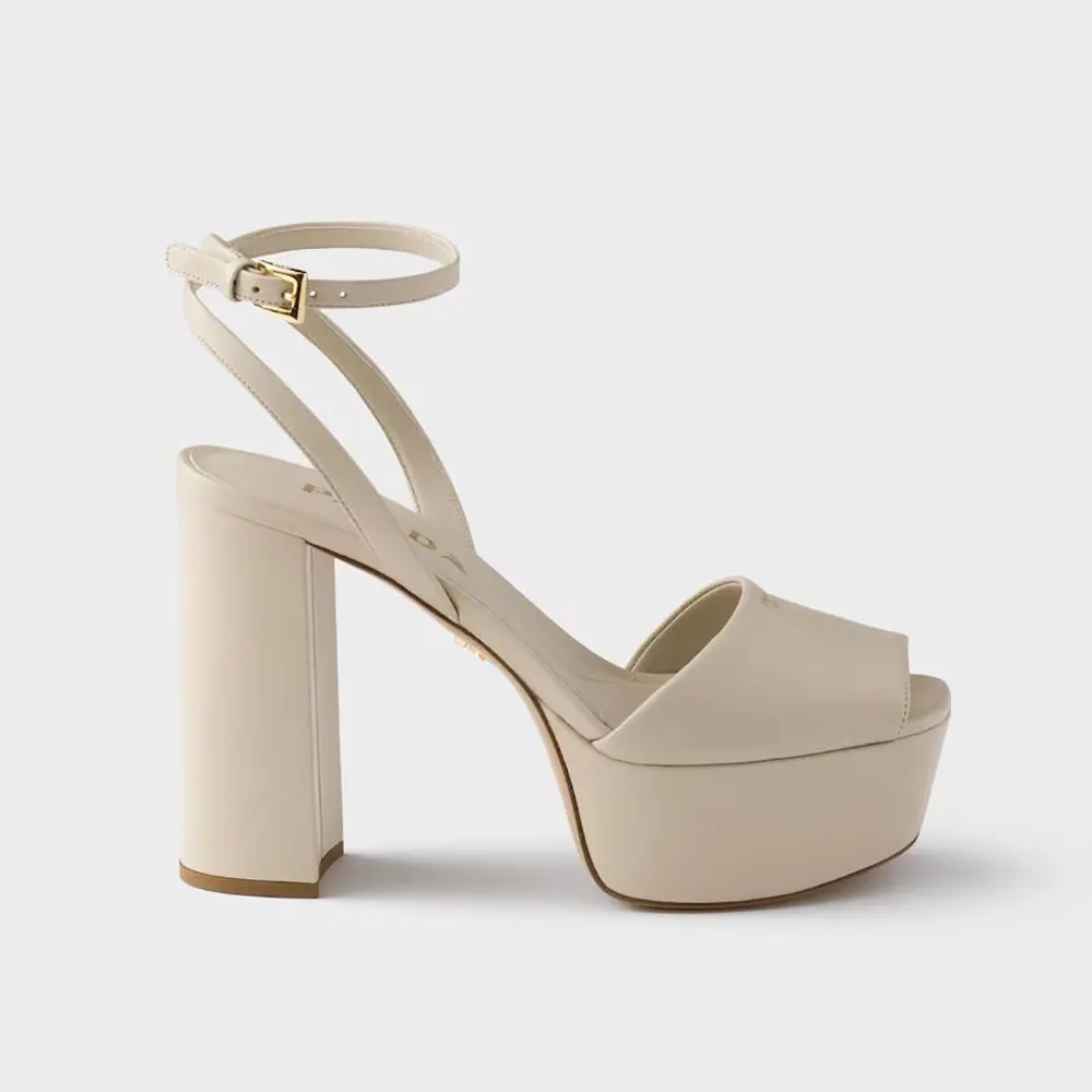 Side angle of Prada Women Nappa Leather Platform Sandals-White showing platform