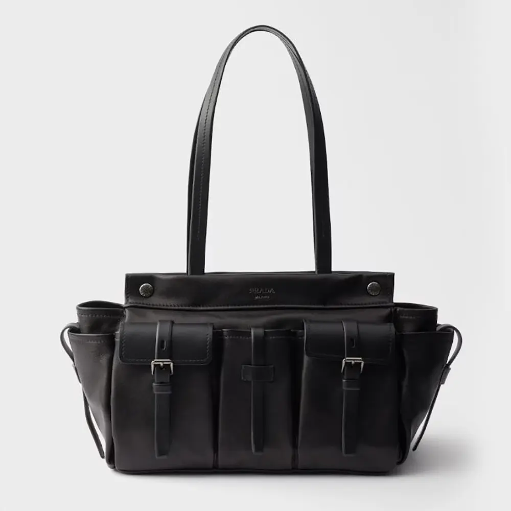 Front view of Prada Women Route Large Leather Tote Bag-Black