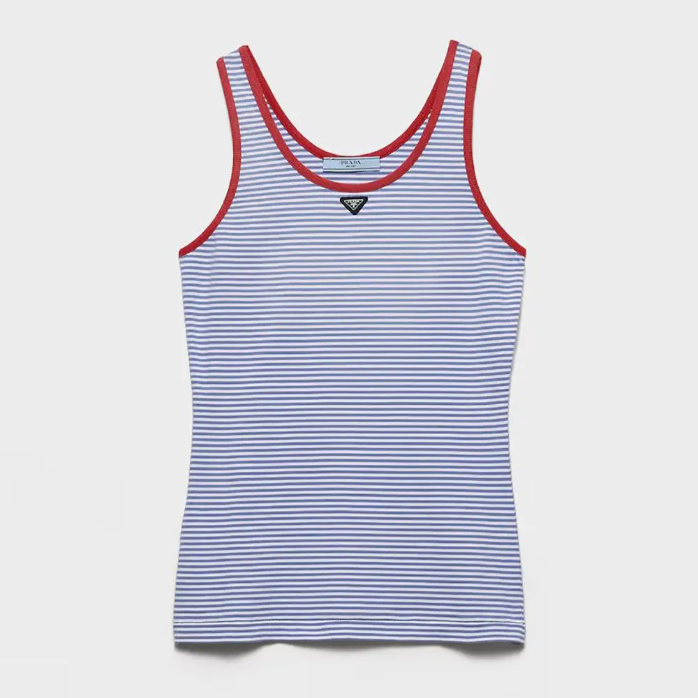 Front view of Prada Women Striped Cotton Jersey Tank Top in blue stripes