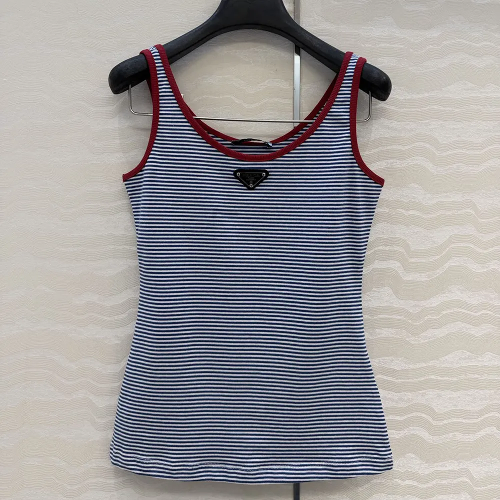 Side angle showing relaxed fit of Prada Women Striped Cotton Jersey Tank Top