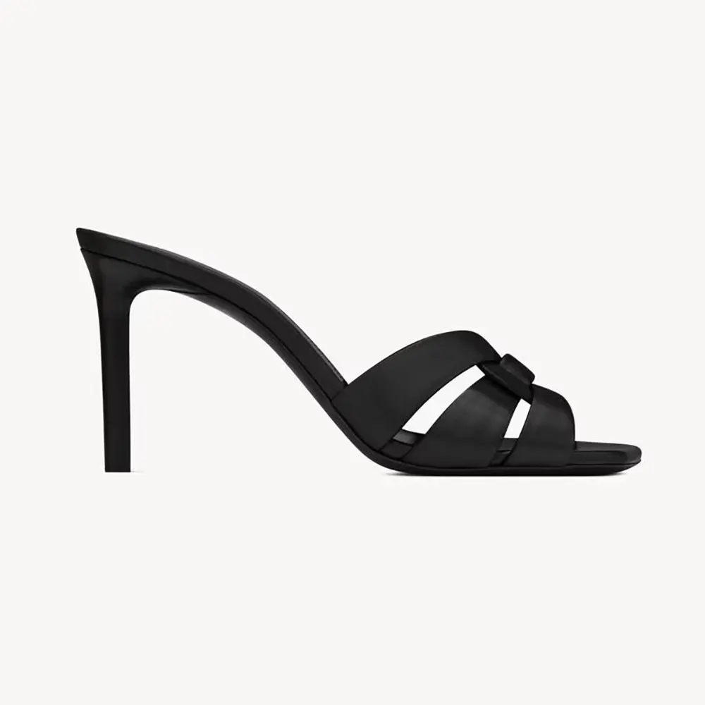 Side view of Saint Laurent YSL Women Tribute Mules in smooth black leather