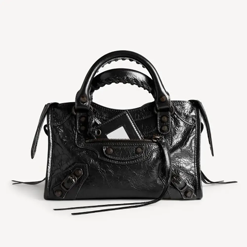 Front view of Balenciaga Women Le City Bag Mini in black lambskin