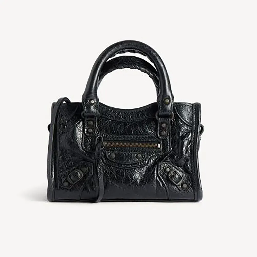 Front angle of Balenciaga Women Le City Bag Nano in Black Arena Lambskin