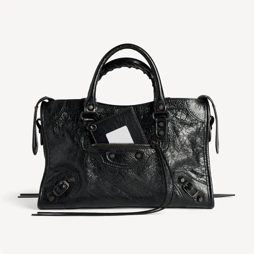 Front view of Balenciaga Women Le City Bag Small in black arena lambskin
