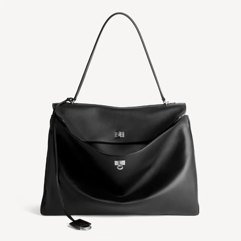 Front view of Balenciaga Women Rodeo Handbag Large in black calfskin