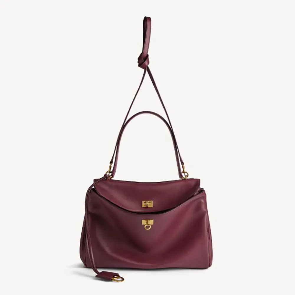 Front view of Balenciaga Women Rodeo Handbag Large in dark burgundy calfskin