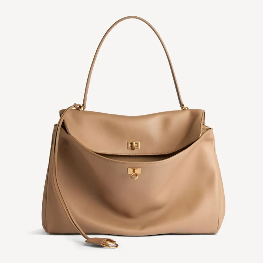 Front angle of Balenciaga Women Rodeo Handbag Large in latte smooth calfskin