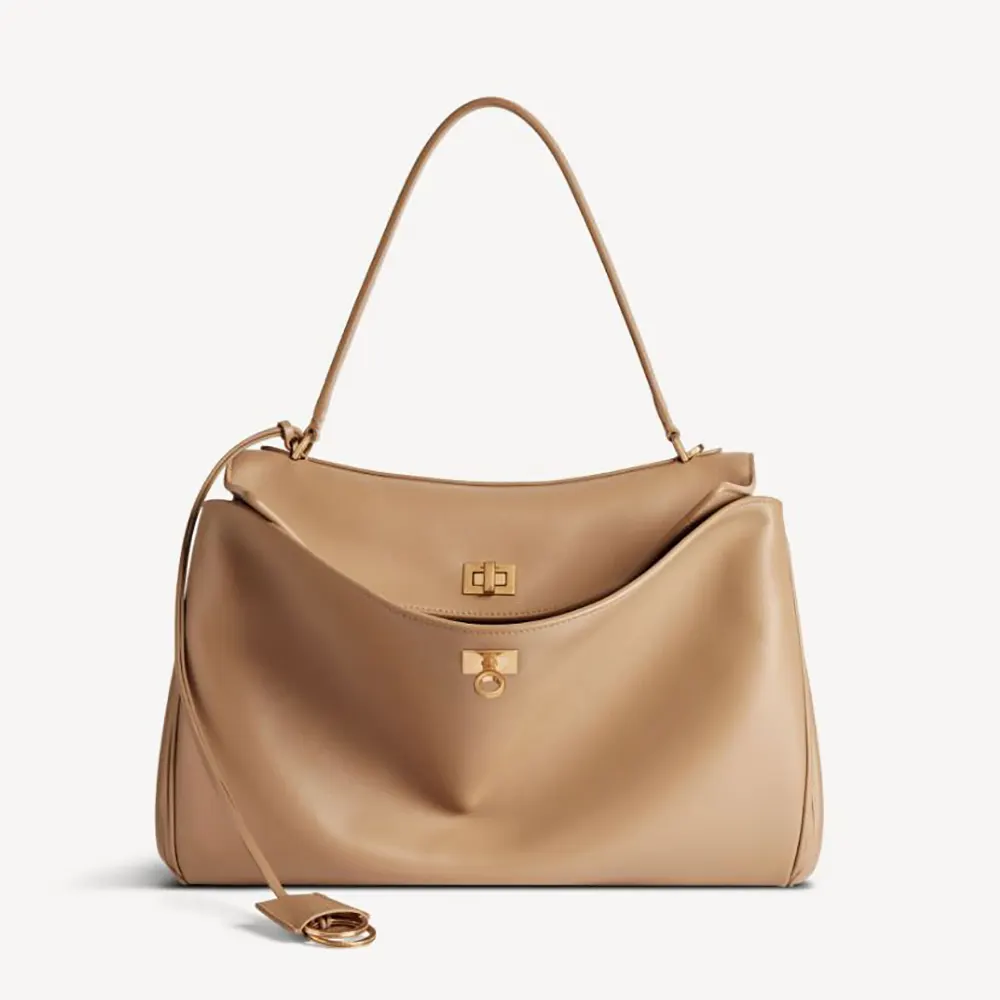 Front view of Balenciaga Women Rodeo Handbag Medium in latte smooth calfskin