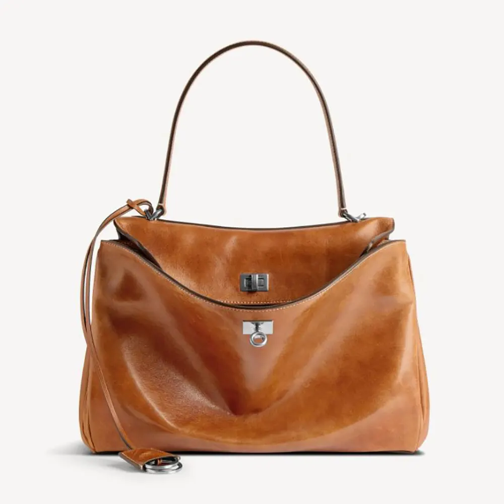 Front view of Balenciaga Women Rodeo Handbag Medium in tan lambskin