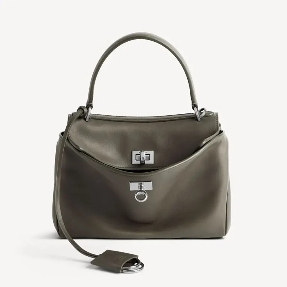 Front view of Balenciaga Women Rodeo Handbag Mini in khaki smooth calfskin