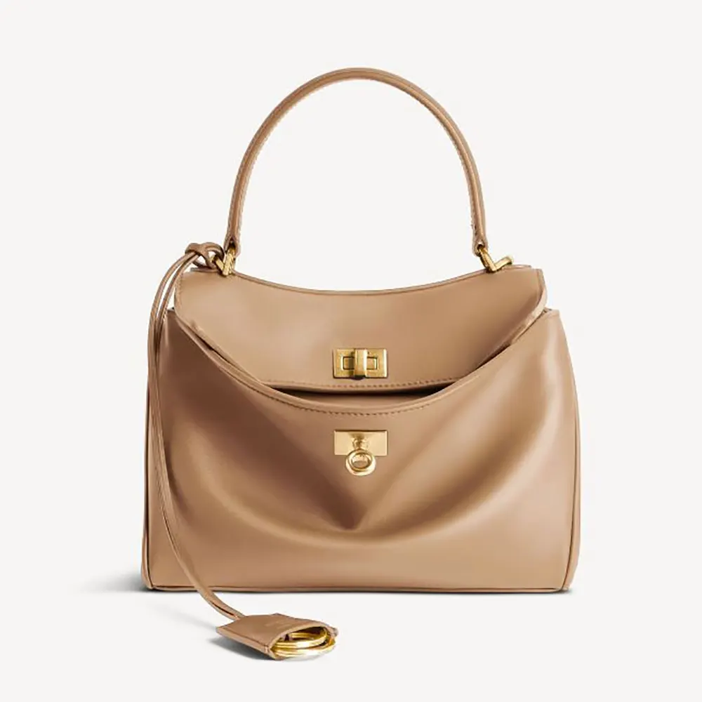Front view of Balenciaga Women Rodeo Handbag Mini in sandy latte smooth calfskin