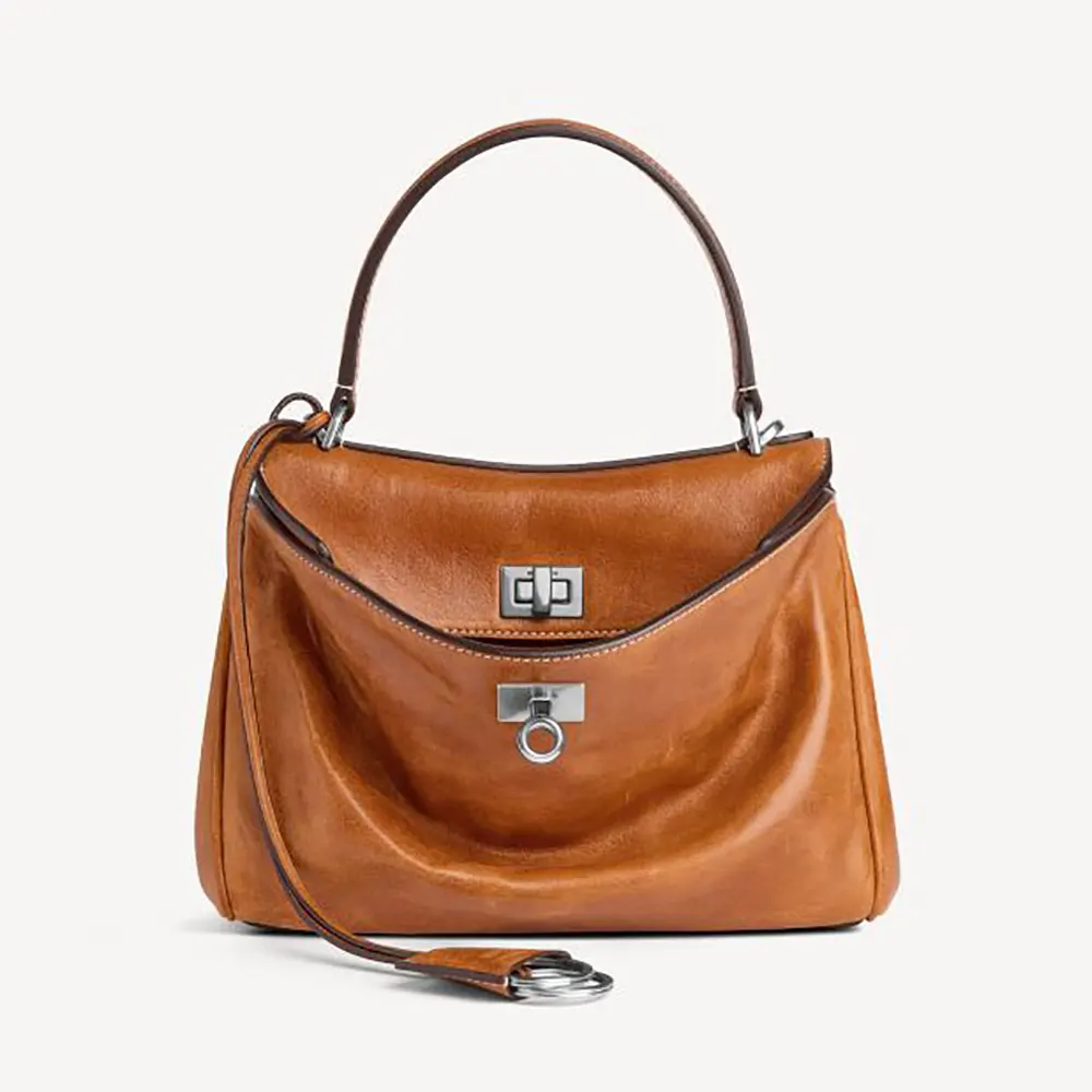Front view of Balenciaga Women Rodeo Handbag Mini in tan lambskin
