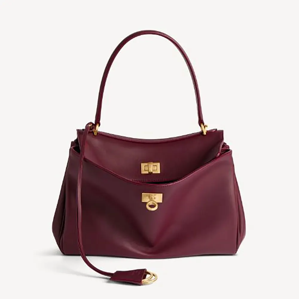 Front close-up of Balenciaga Women Rodeo Handbag Small in dark burgundy calfskin