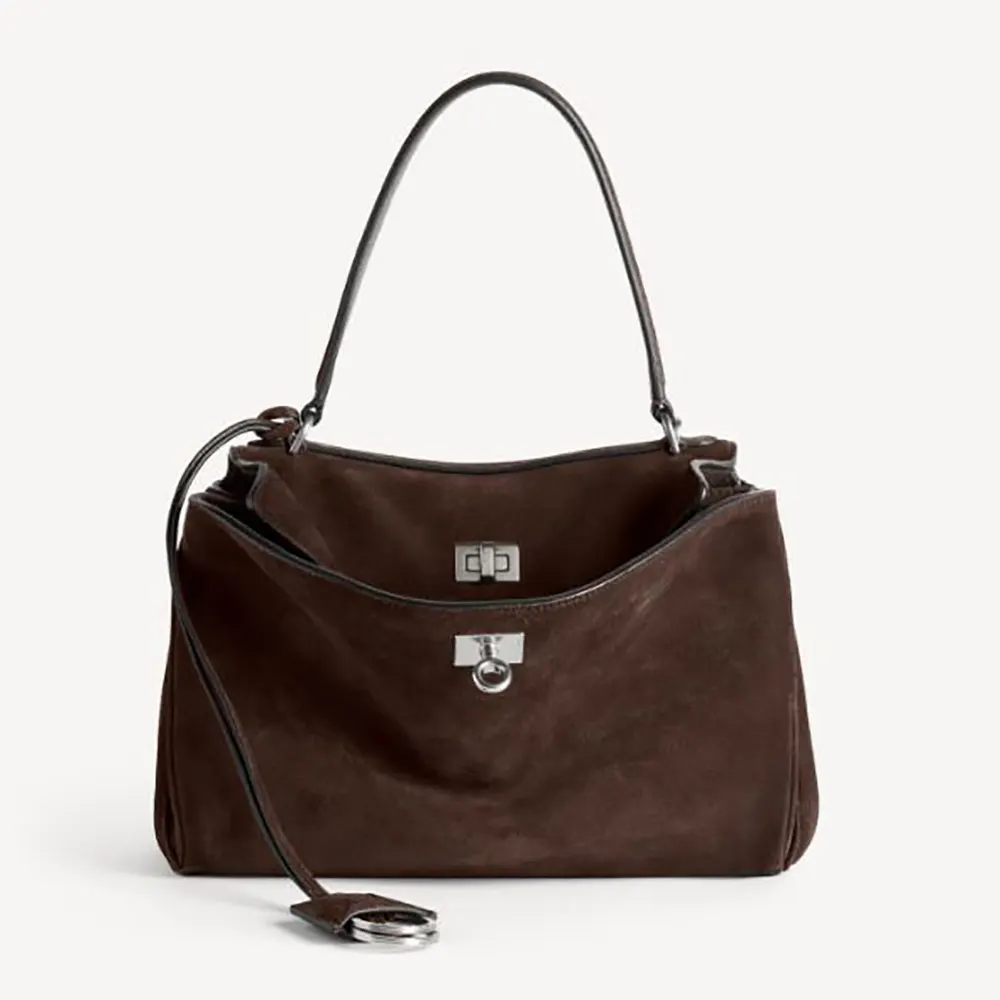 Front view of Balenciaga Women Rodeo Handbag Small in light espresso suede
