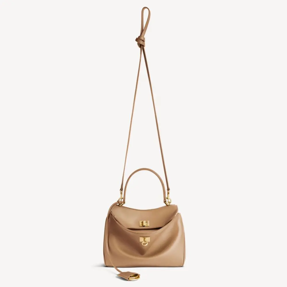Front view of Balenciaga Women Rodeo Handbag Small in latte smooth calfskin