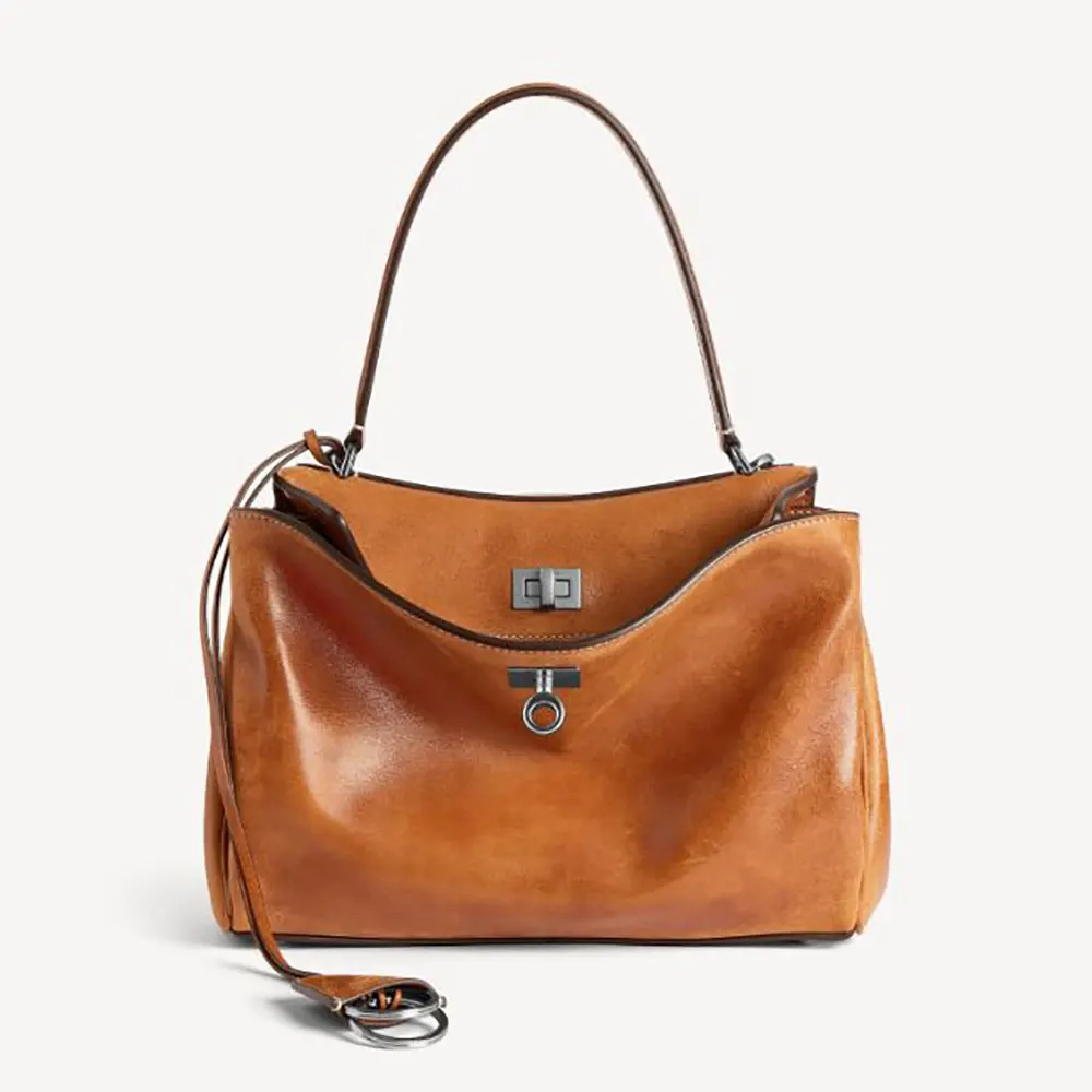 Front view of Balenciaga Women Rodeo Handbag Small in tan lambskin