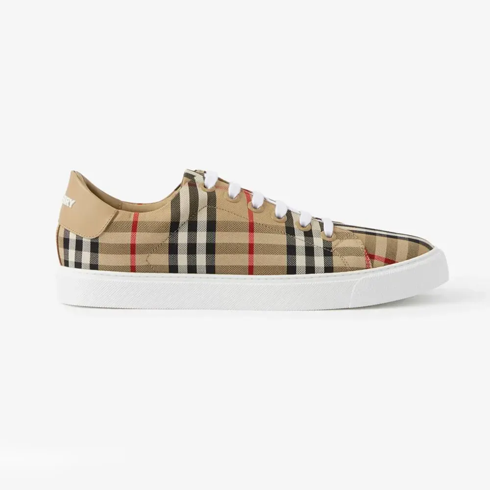 Side view of Burberry Unisex Check and Leather Sneakers in brown