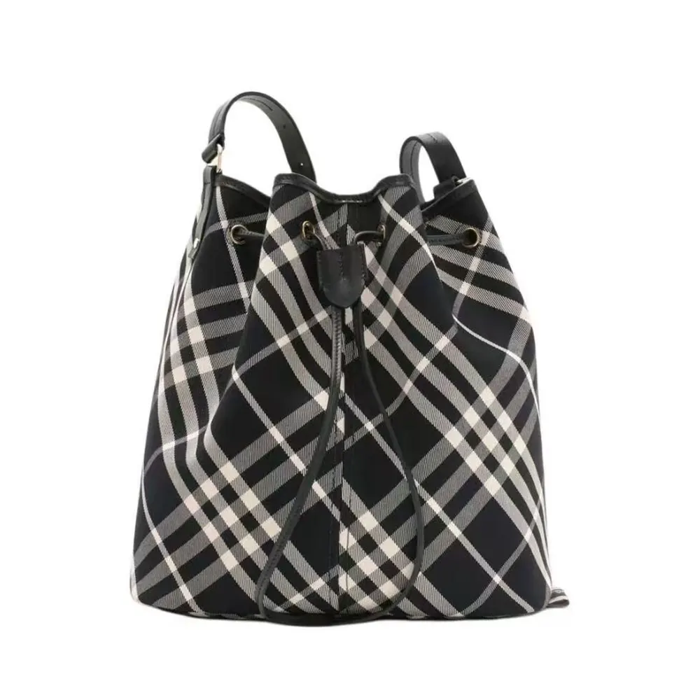 Front view of Burberry Women Medium Check Drawstring Pouch in beige