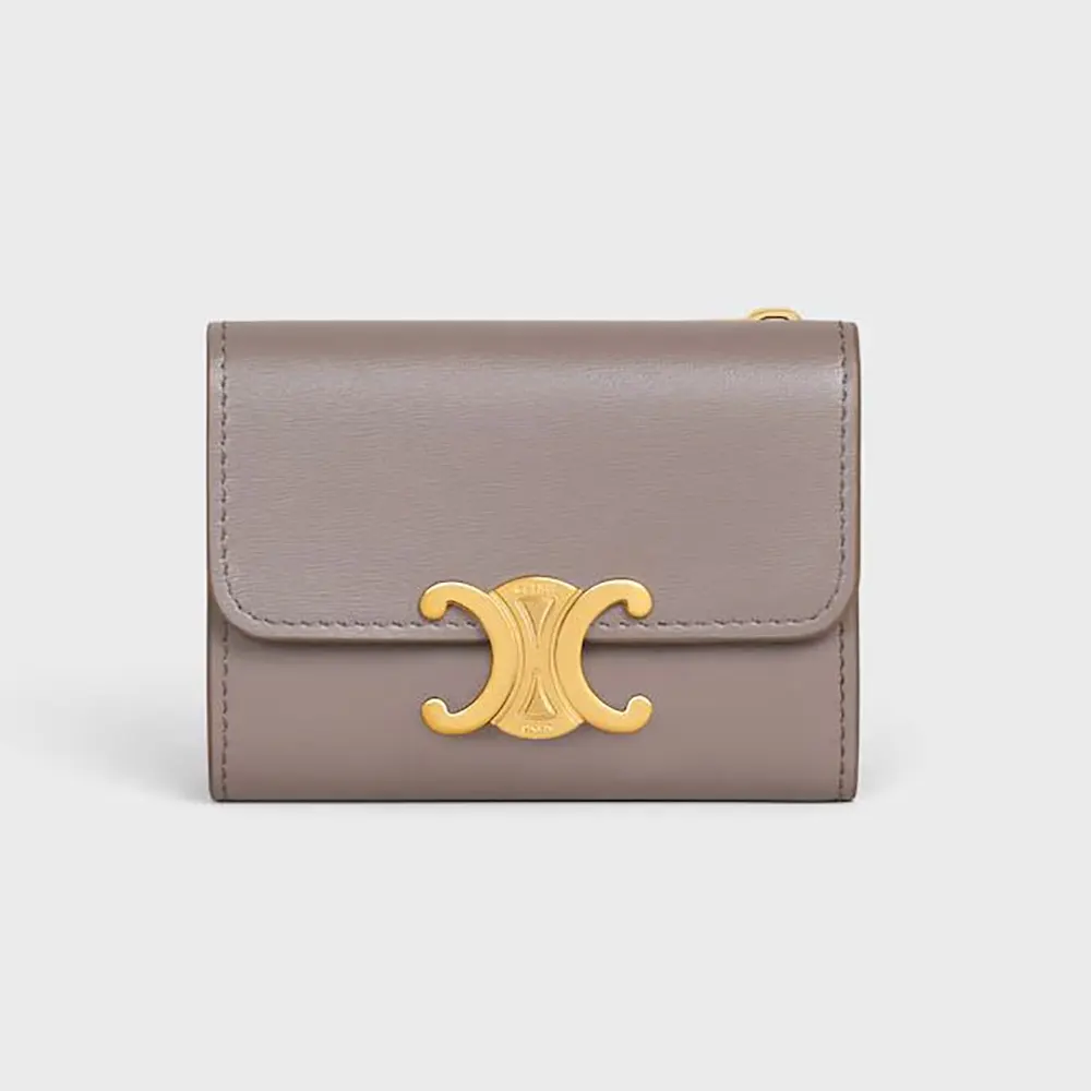 Front view of Celine Women Compact Wallet with Coin Triomphe in shiny grey calfskin