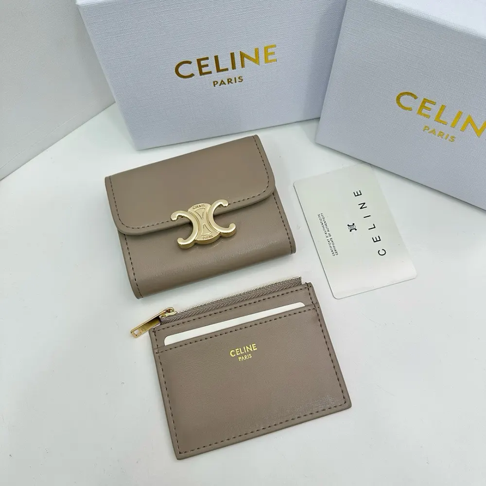 Close-up of gold Coin Triomphe hardware on Celine Women Compact Wallet