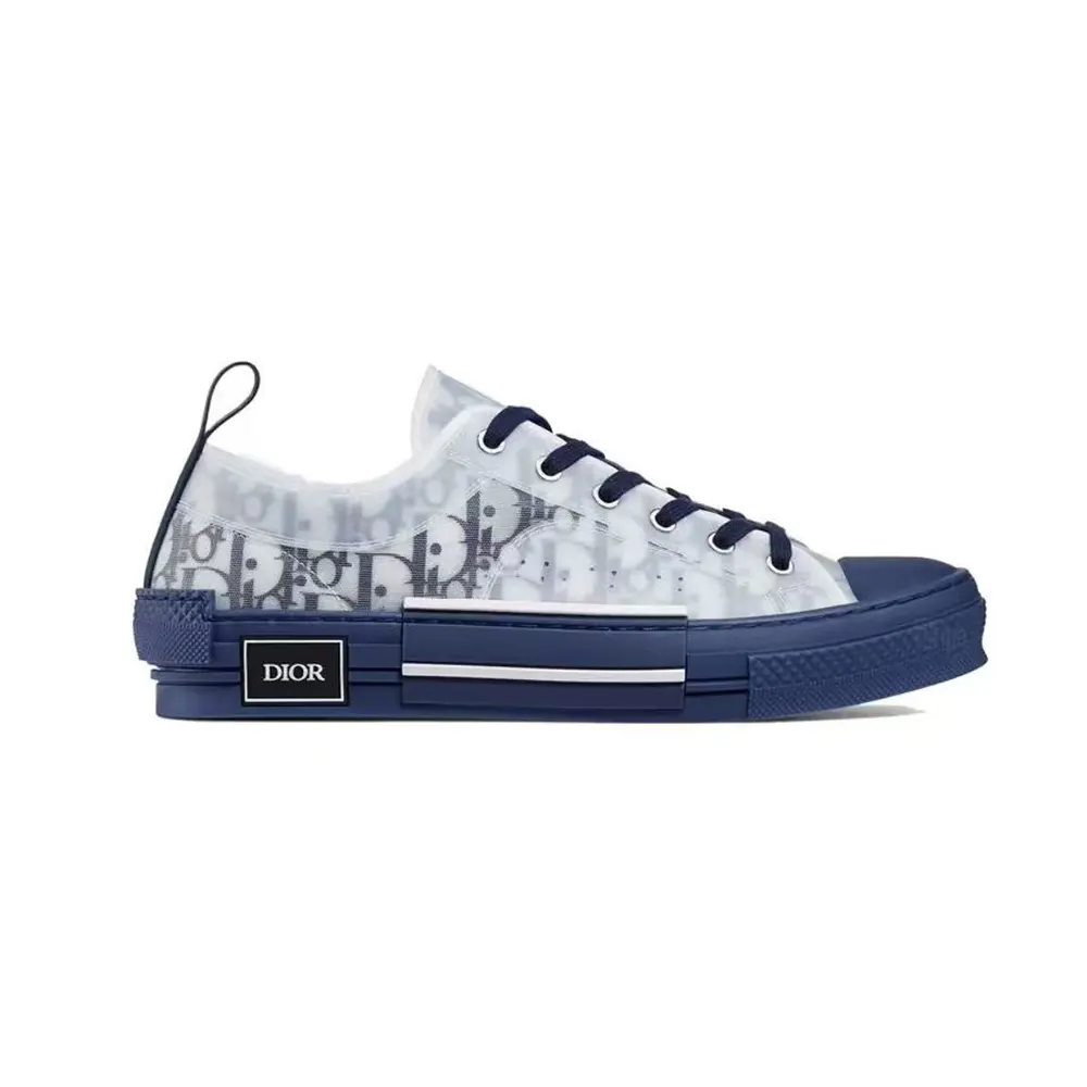 Side view of Dior Unisex B23 League Low-Top Sneaker Blue Dior Oblique Canvas