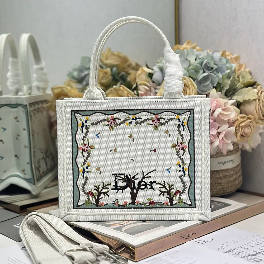 Close-up of multicolor Revolution Flowers embroidery on Dior tote