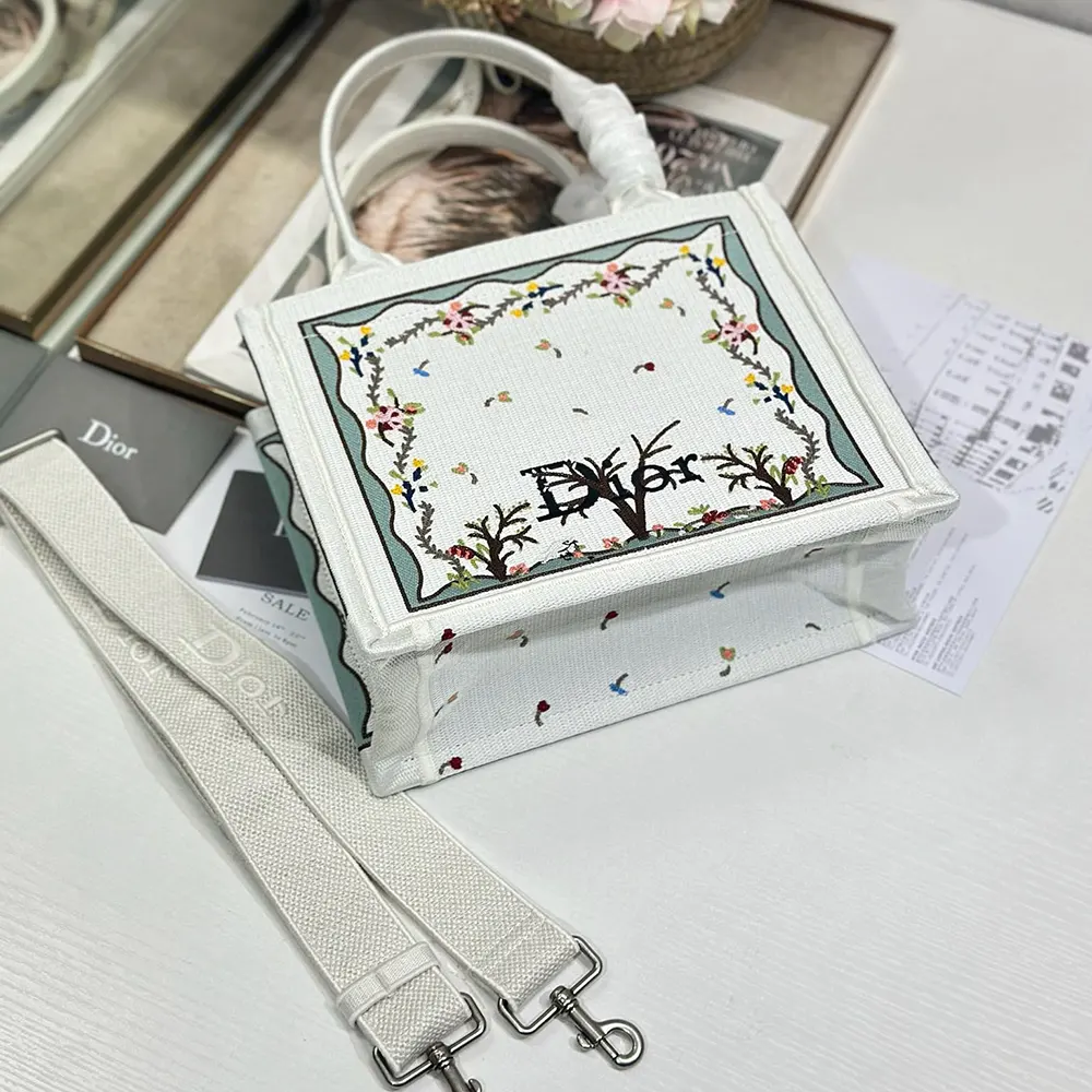Dior Women Dioramour Small Dior Book Tote with Strap White Multicolor Revolution Flowers Embroidery - image 5
