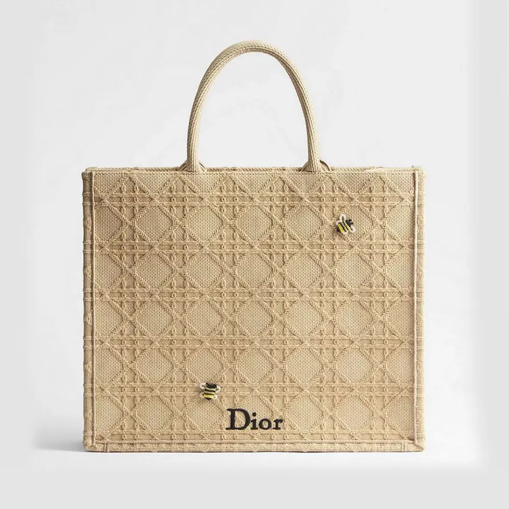Front view of Dior Women Large Dior Book Tote Natural Raffia-Effect with Cannage embroidery