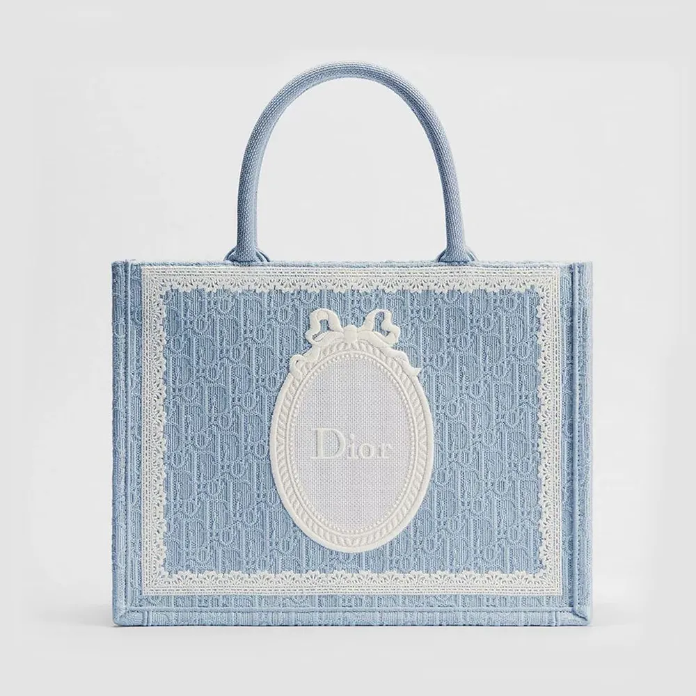 Dior Women Medium Dior Book Tote with Strap Blue Dior Oblique Embroidery with Wh